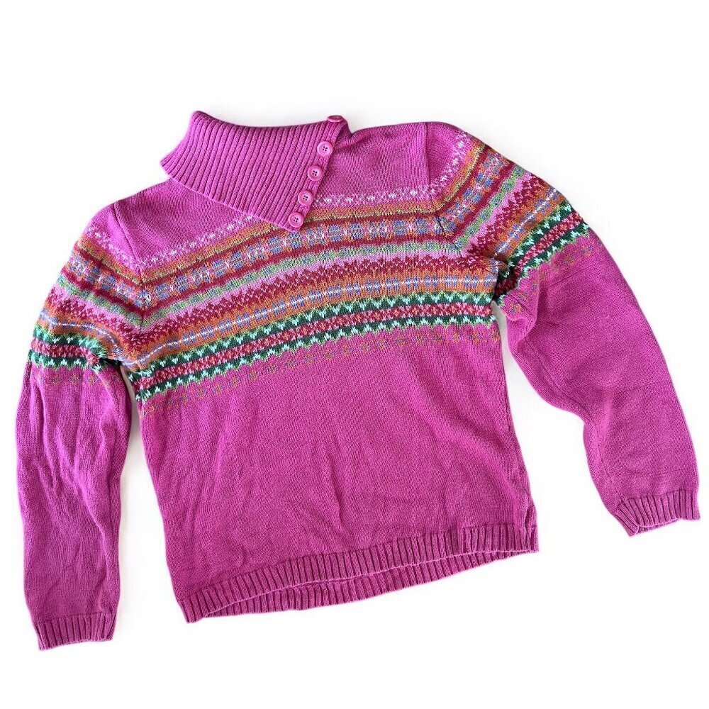 Vintage 90s Tiara Pink Fair Isle Turtleneck Sweater Button Collar Size Medium